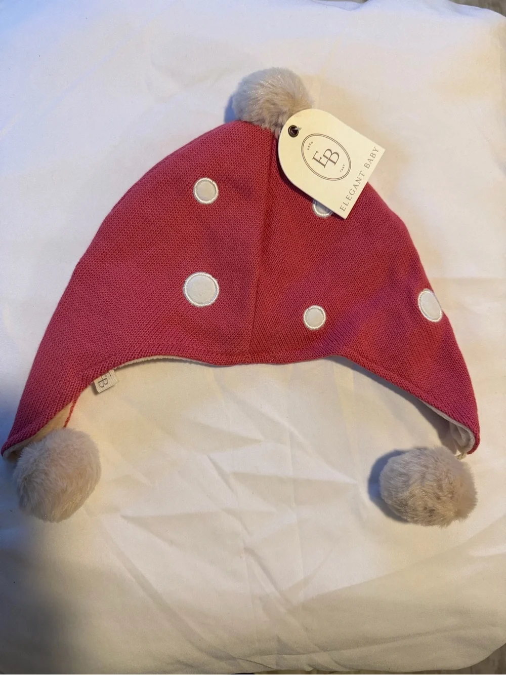 Kids Red Earflap Beanie with Cream Pom Poms